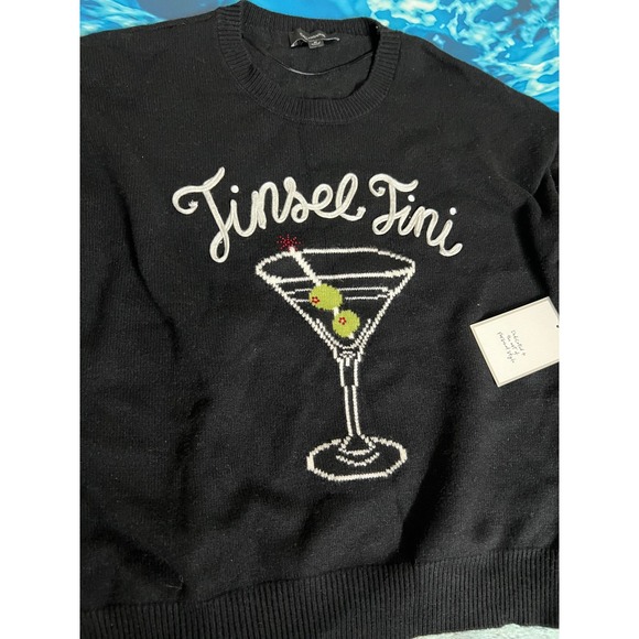 ❄️Calligraphie Womens Tinsel Tini Martini Graphic Holiday Sweater Black Medium - Picture 2 of 12